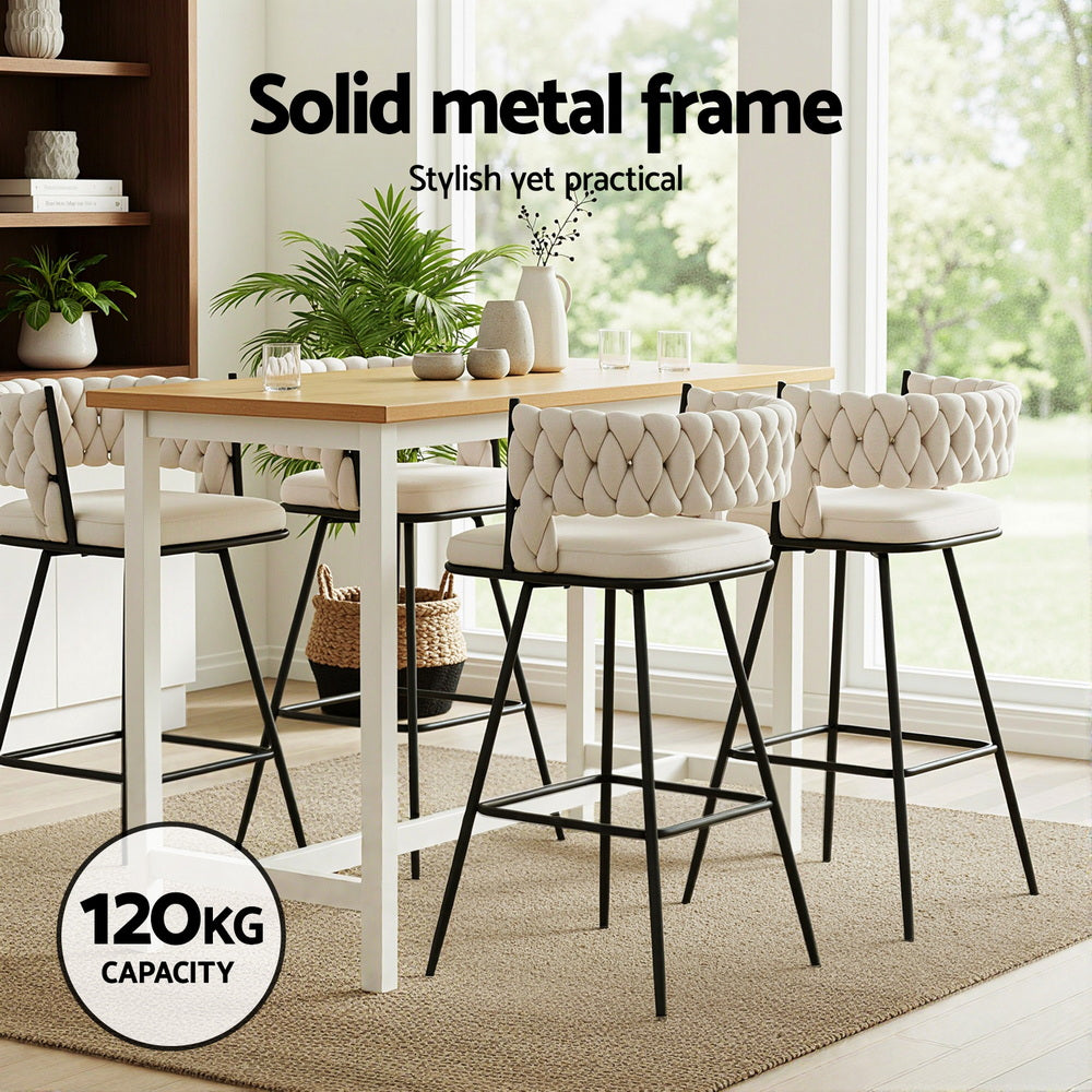 Bar Stool Set 4pc | Woven Velvet Seat | Metal Frame | Ivory
