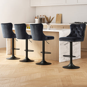 Artiss Bar Stools | 4X Velvet | Adjustable Height | Nailhead Trim