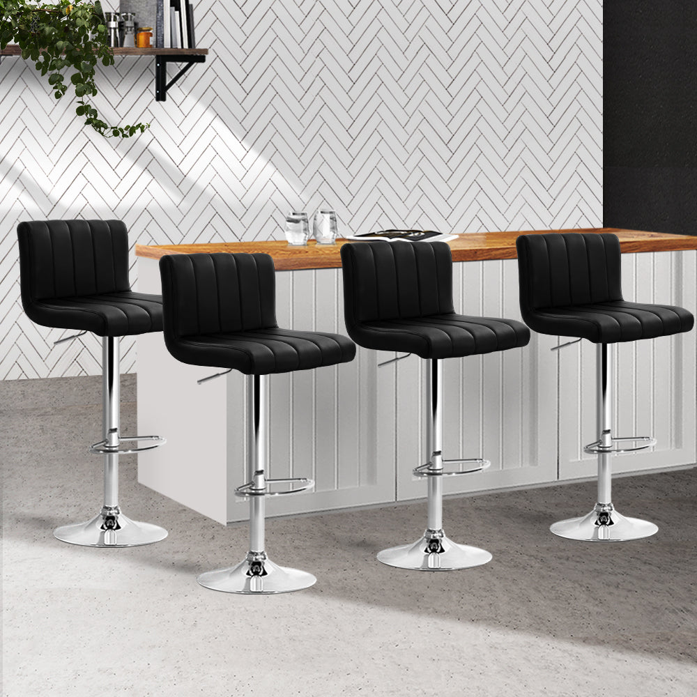 4x Bar Stools | Gas Lift | Leather | Black