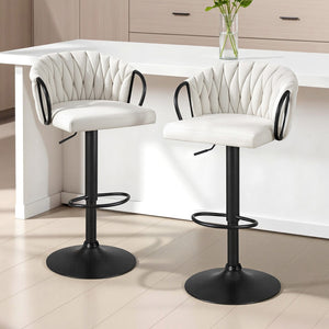 Bar Stools Set 2pc | Gas Lift Counter Stools | Woven Velvet | Ivory