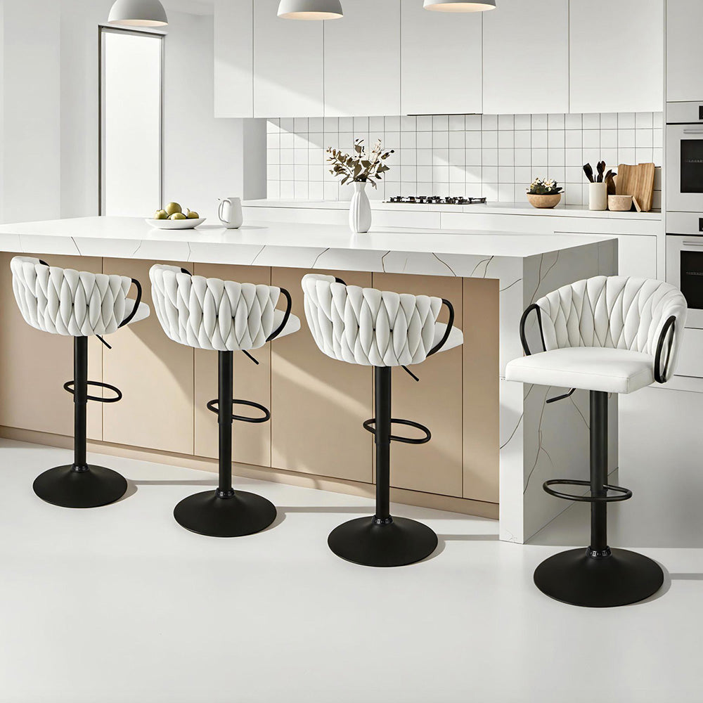 Bar Stools Set 4pc | Gas Lift Counter Stools | Woven Velvet | Ivory