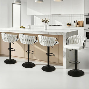 Bar Stools Set 4pc | Gas Lift Counter Stools | Woven Velvet | Ivory