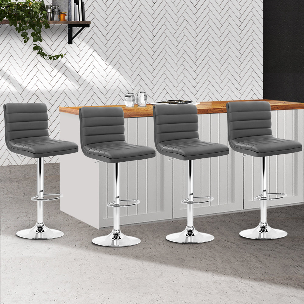 Set of 4 PU Leather Lined Pattern Bar Stools | Grey & Chrome