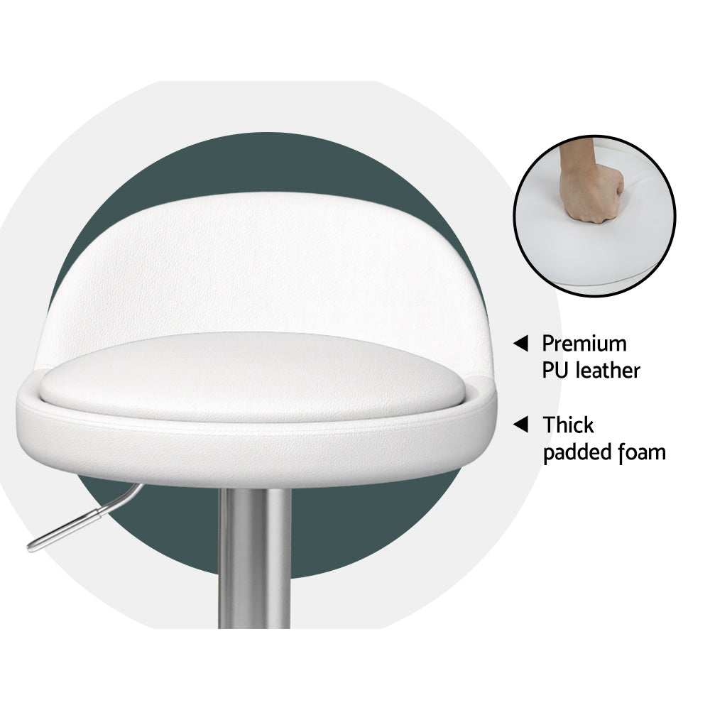 2x Bar Stools | PU Leather | Gas Lift | White