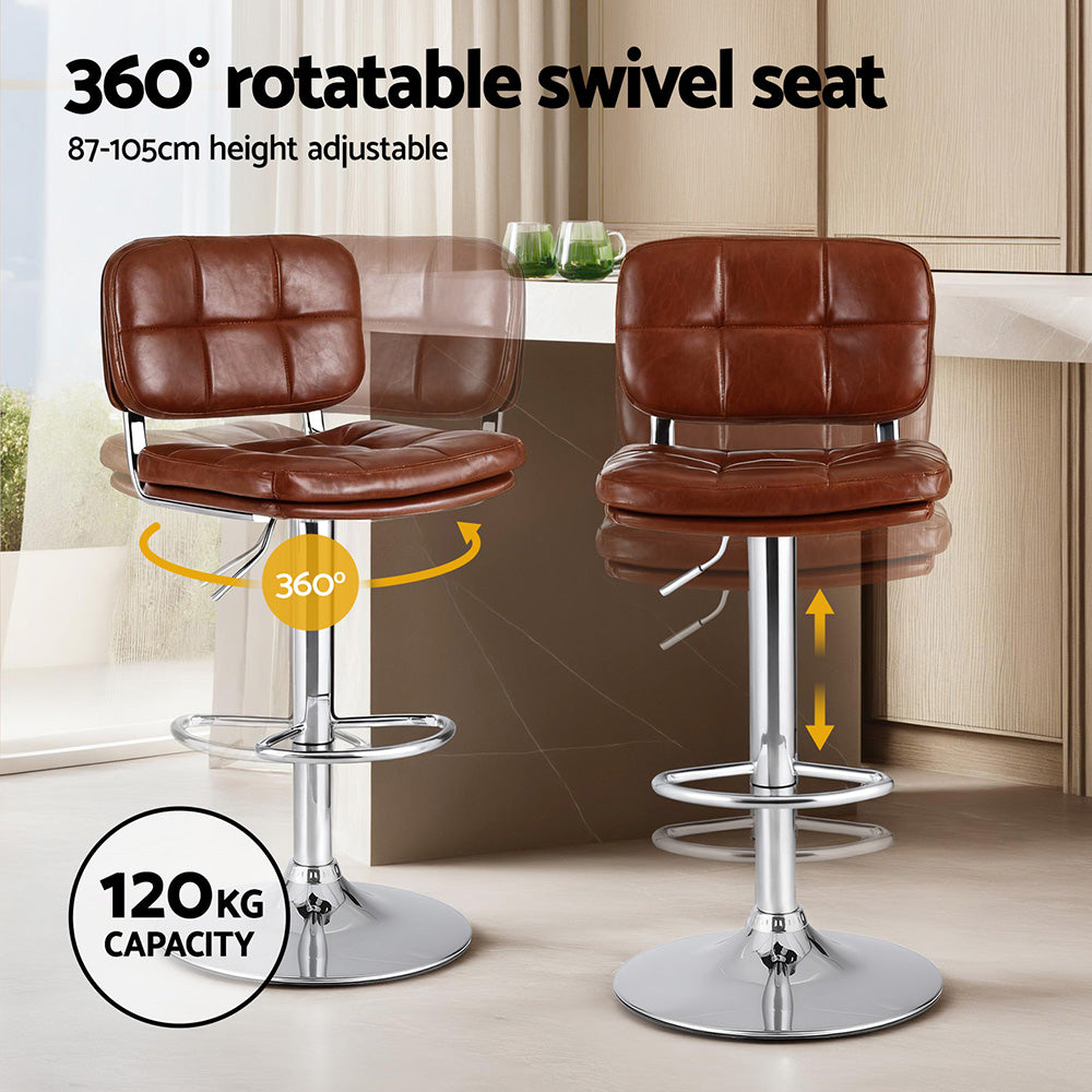 Swivel Bar Stools Set 2pc | Gas Lift | Tufted PU Leather | Brown