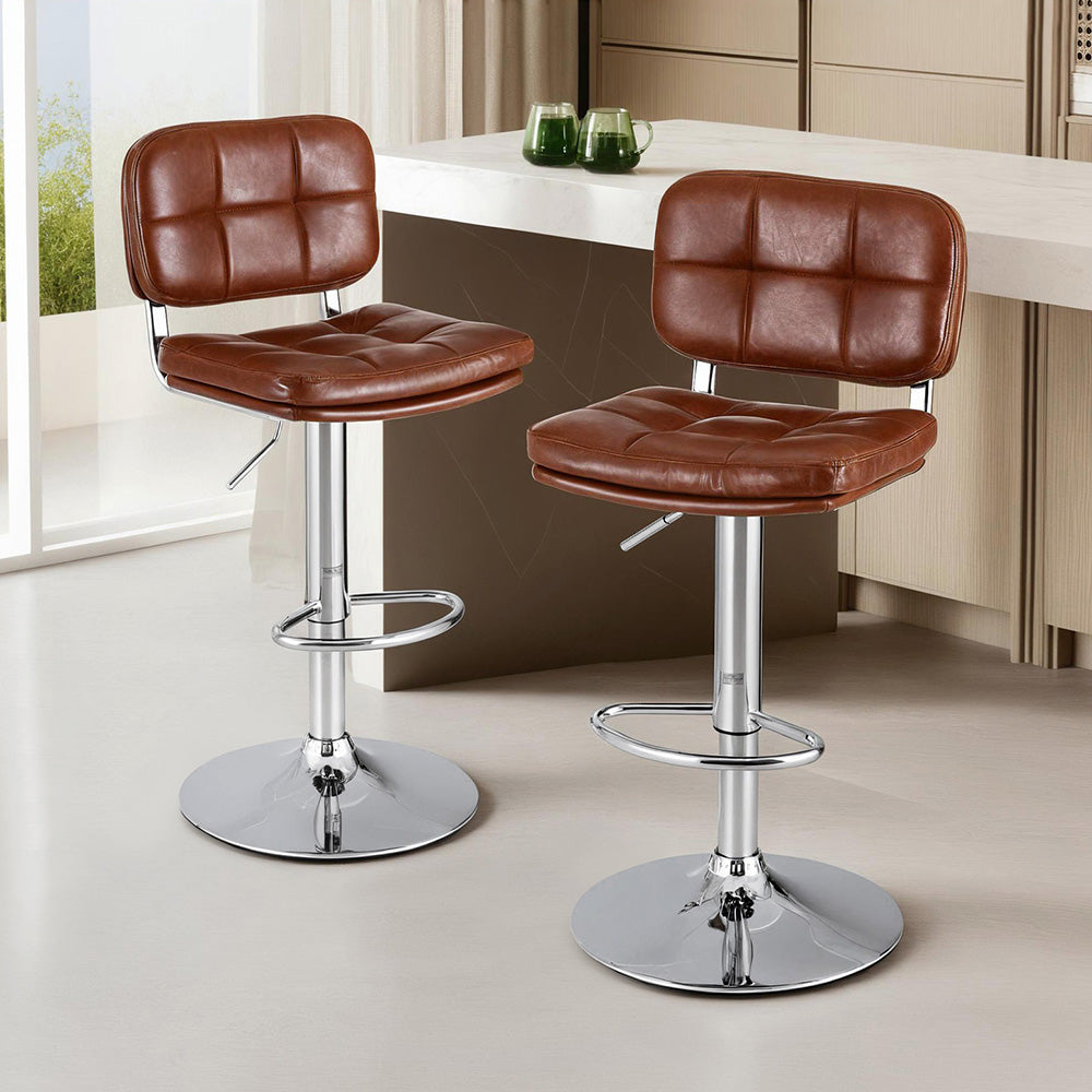 Swivel Bar Stools Set 2pc | Gas Lift | Tufted PU Leather | Brown