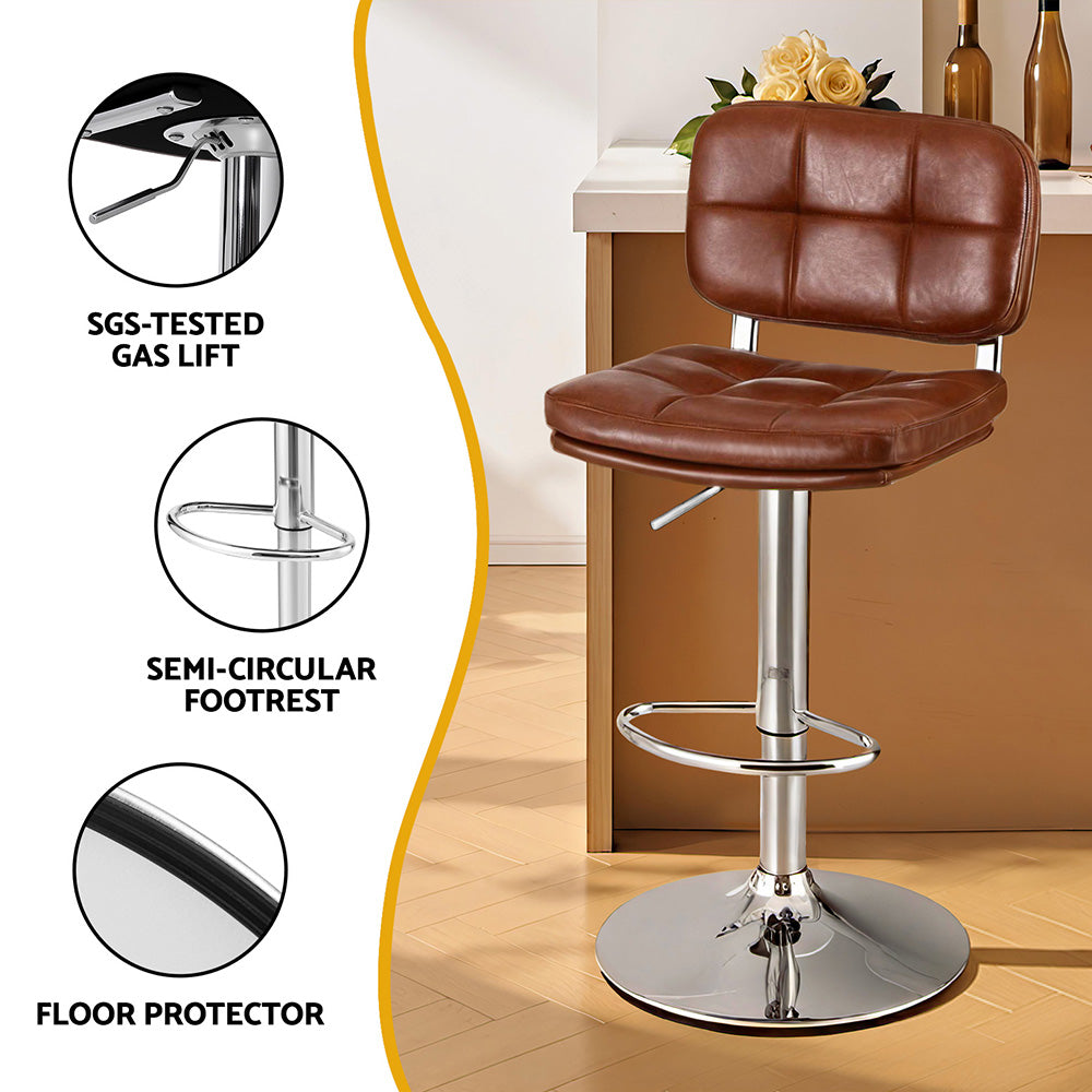 Swivel Bar Stools Set 4pc | Gas Lift | Tufted PU Leather | Brown