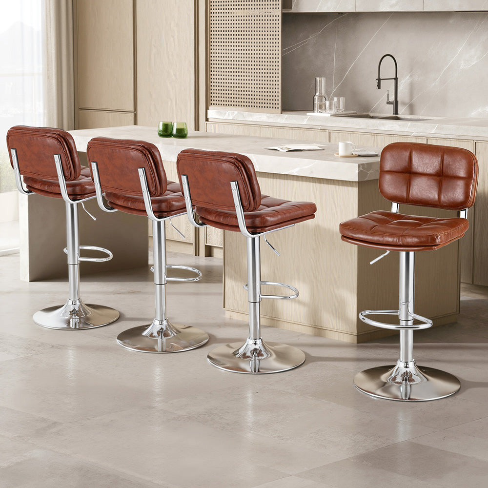 Swivel Bar Stools Set 4pc | Gas Lift | Tufted PU Leather | Brown