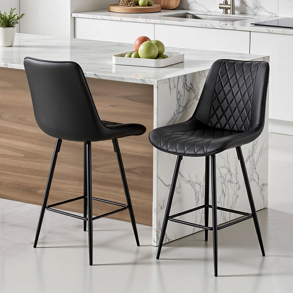 Bar Stools Set 2pc | Diamond PU Leather Counter Stools | Black