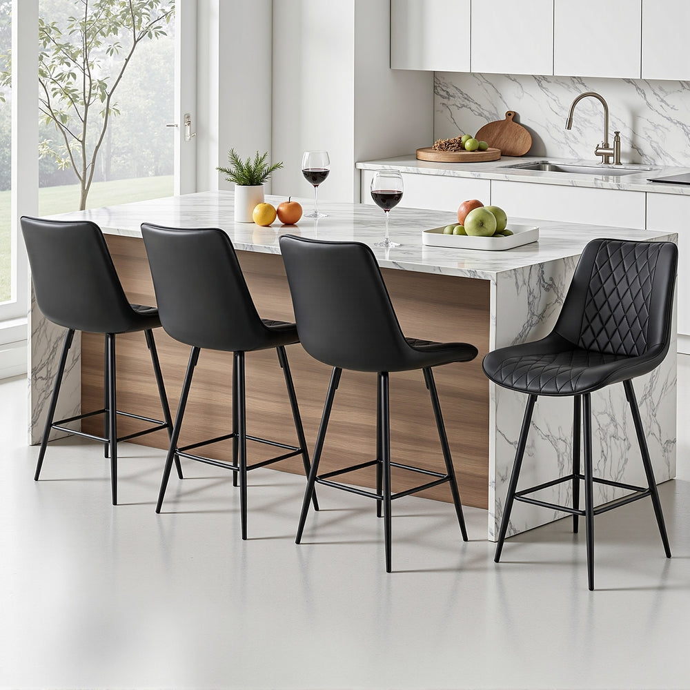 Counter Stools Set 4pc | Diamond-Pattern PU Leather | Black