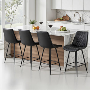 Counter Stools Set 4pc | Diamond-Pattern PU Leather | Black
