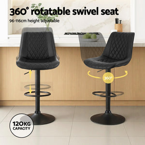 Swivel Bar Stools Set 2pc | Gas Lift | Diamond Leather | Black