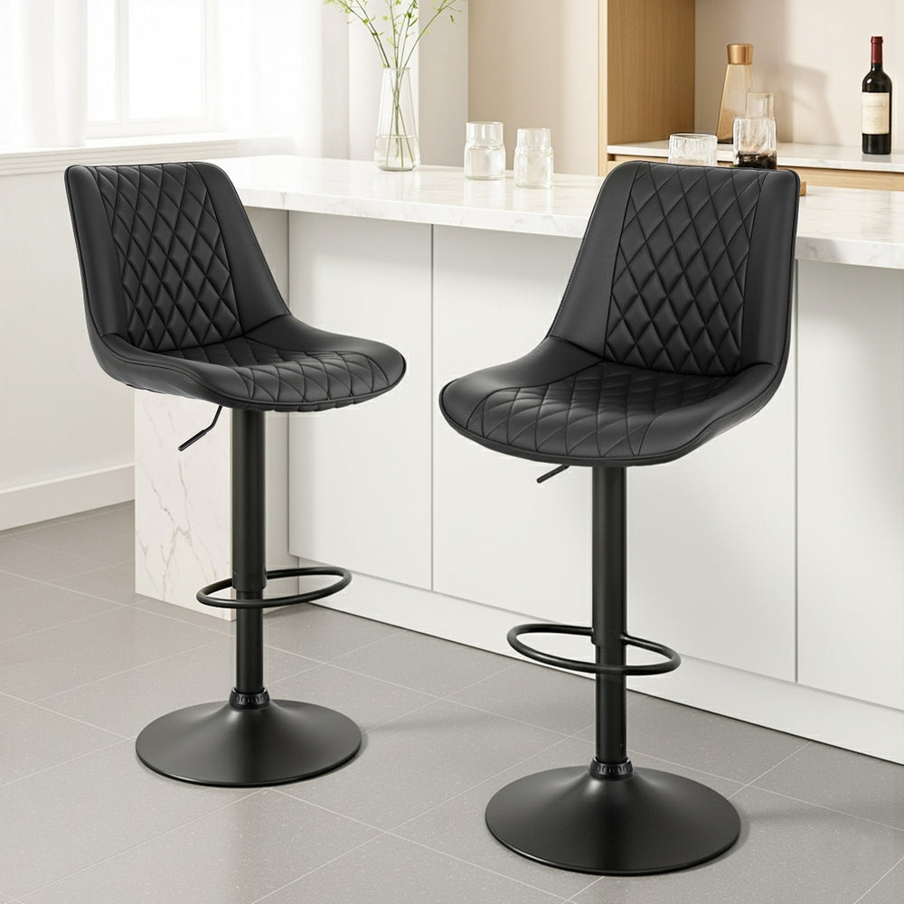 Swivel Bar Stools Set 2pc | Gas Lift | Diamond Leather | Black