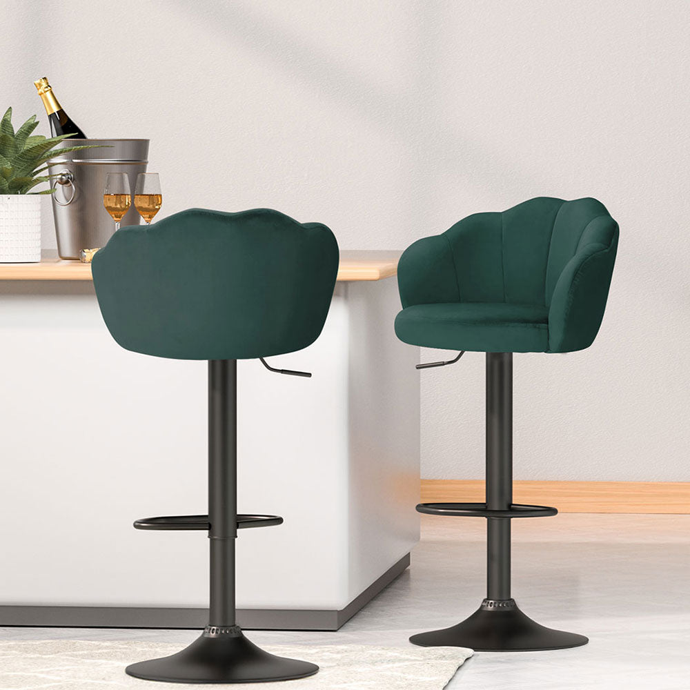 4x Bar Stools | Gas Lift | Velvet | Green Finish