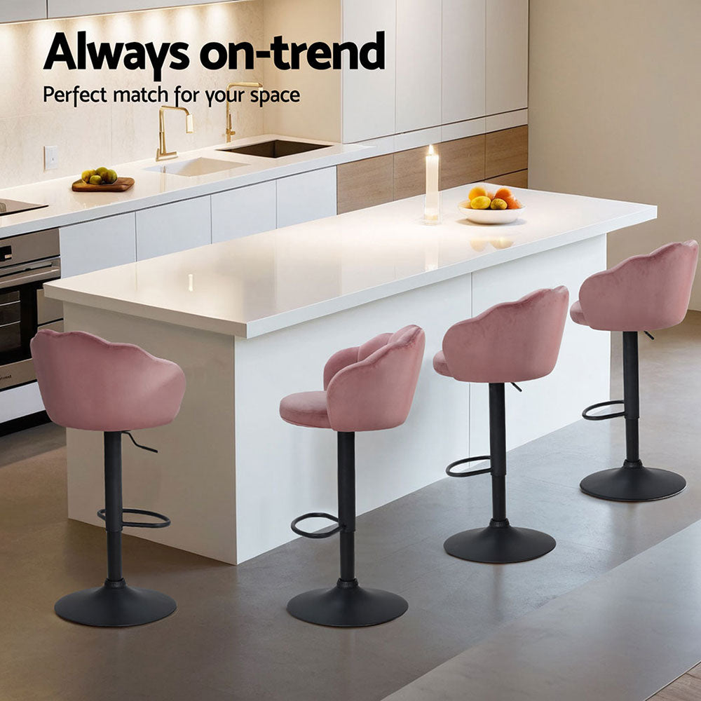 4x Bar Stools | Gas Lift | Velvet | Pink Finish