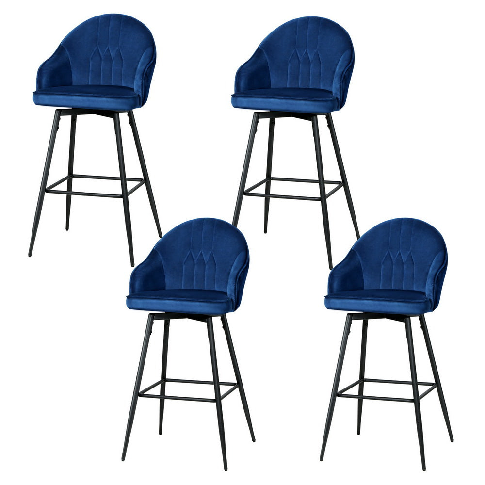 4x Bar Stools | Velvet Swivel | Metal Legs | Blue Finish