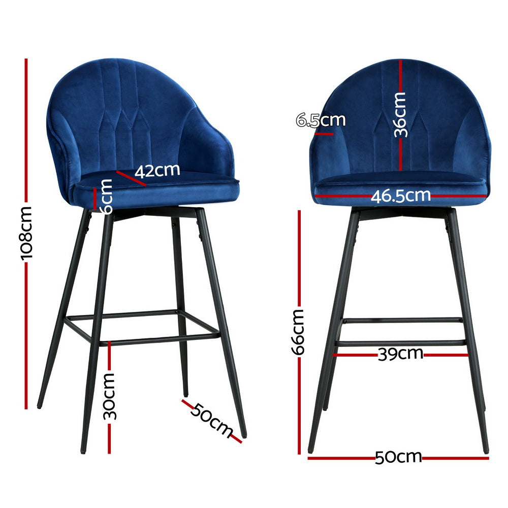 4x Bar Stools | Velvet Swivel | Metal Legs | Blue Finish
