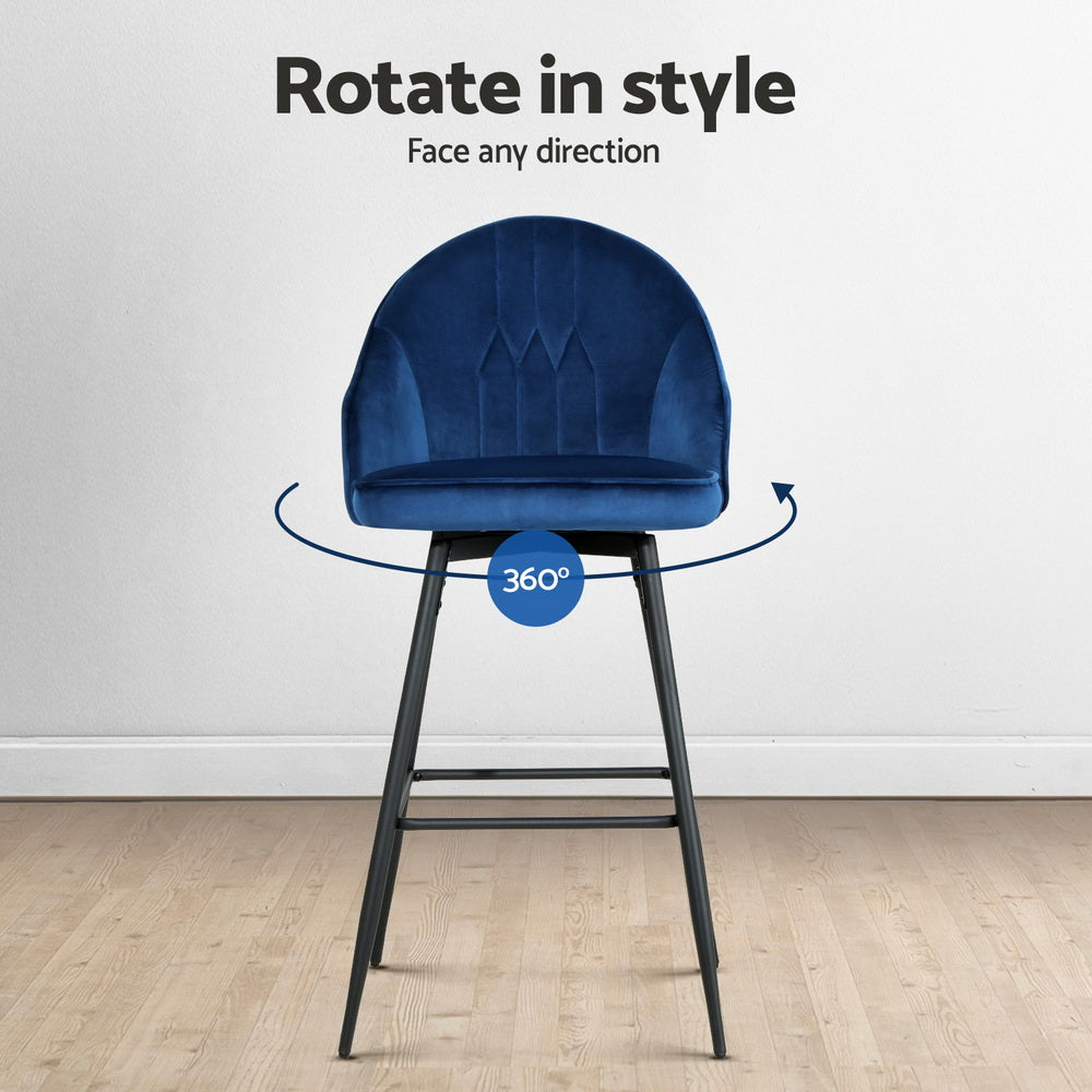 4x Bar Stools | Velvet Swivel | Metal Legs | Blue Finish