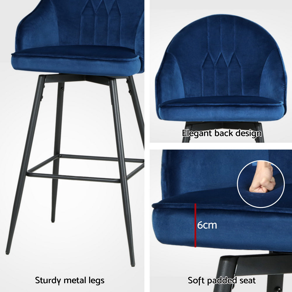 4x Bar Stools | Velvet Swivel | Metal Legs | Blue Finish