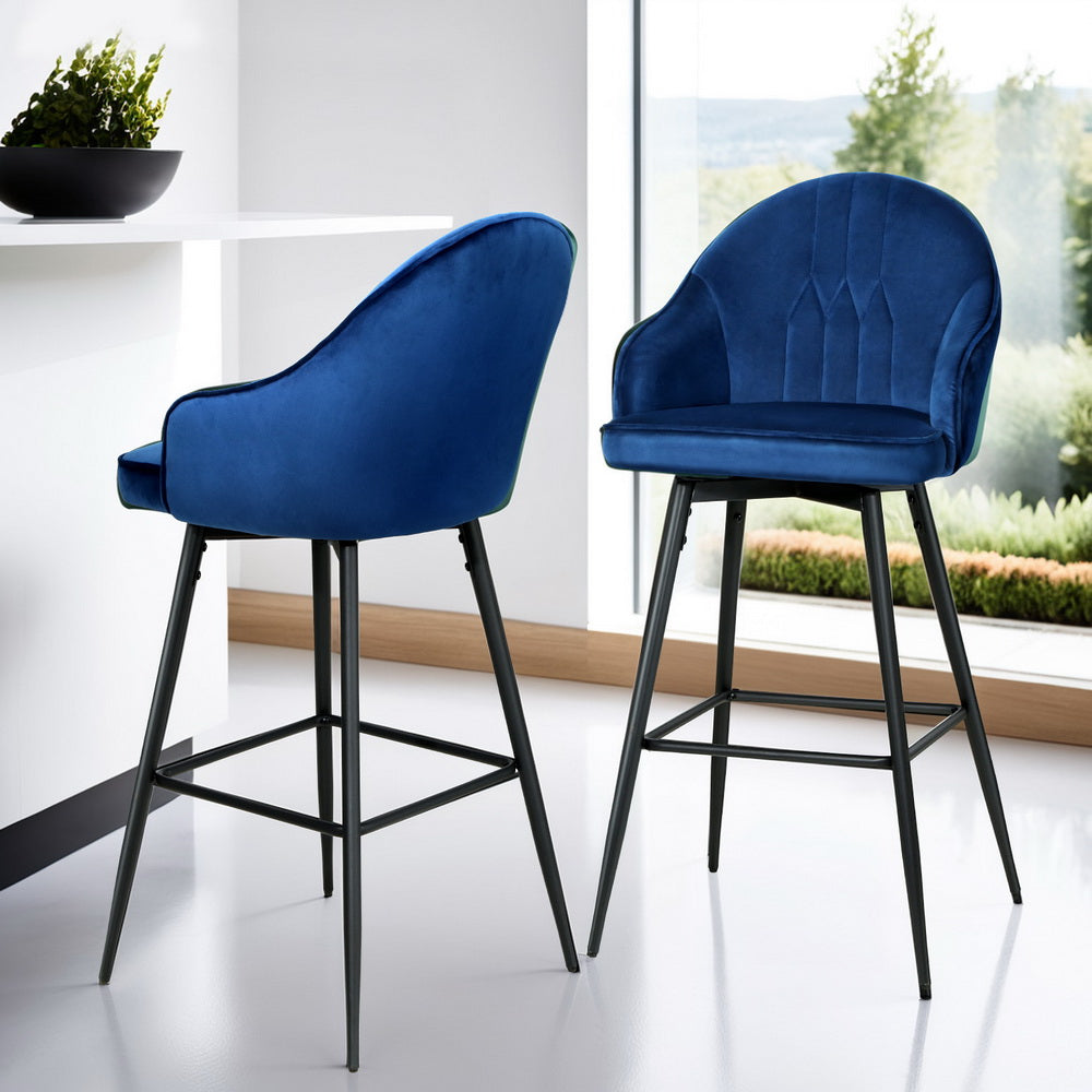 4x Bar Stools | Velvet Swivel | Metal Legs | Blue Finish