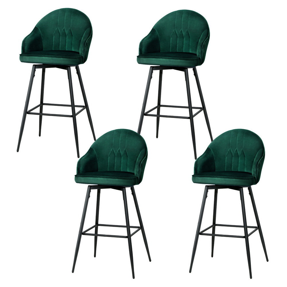 4x Bar Stools | Velvet Swivel | Metal Legs | Green Finish