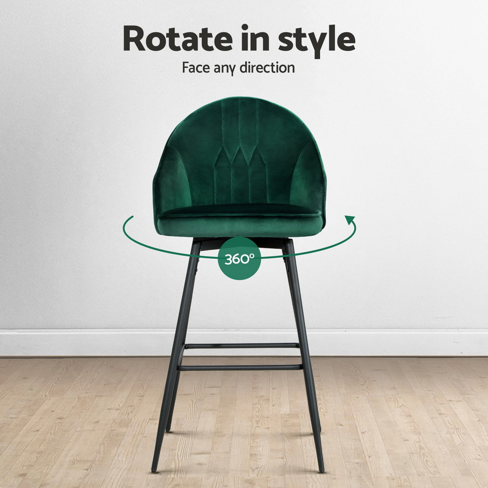 4x Bar Stools | Velvet Swivel | Metal Legs | Green Finish