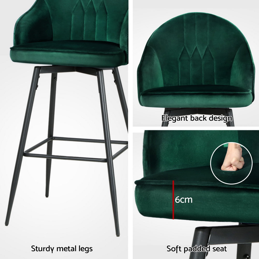 4x Bar Stools | Velvet Swivel | Metal Legs | Green Finish