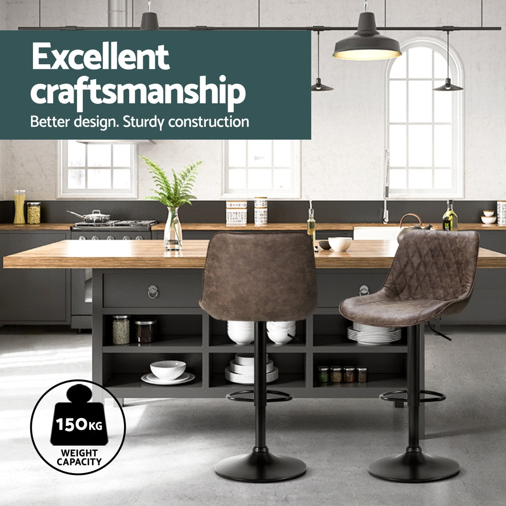 4x Bar Stools | Gas Lift | Vintage Leather | Brown Finish