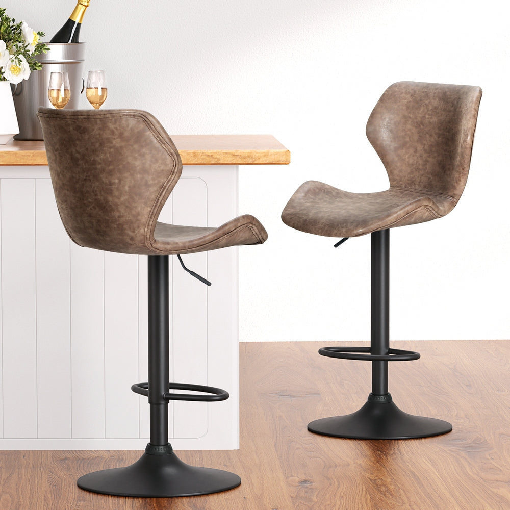 4x Bar Stools | Vintage Leather | Gas Lift | Brown Finish