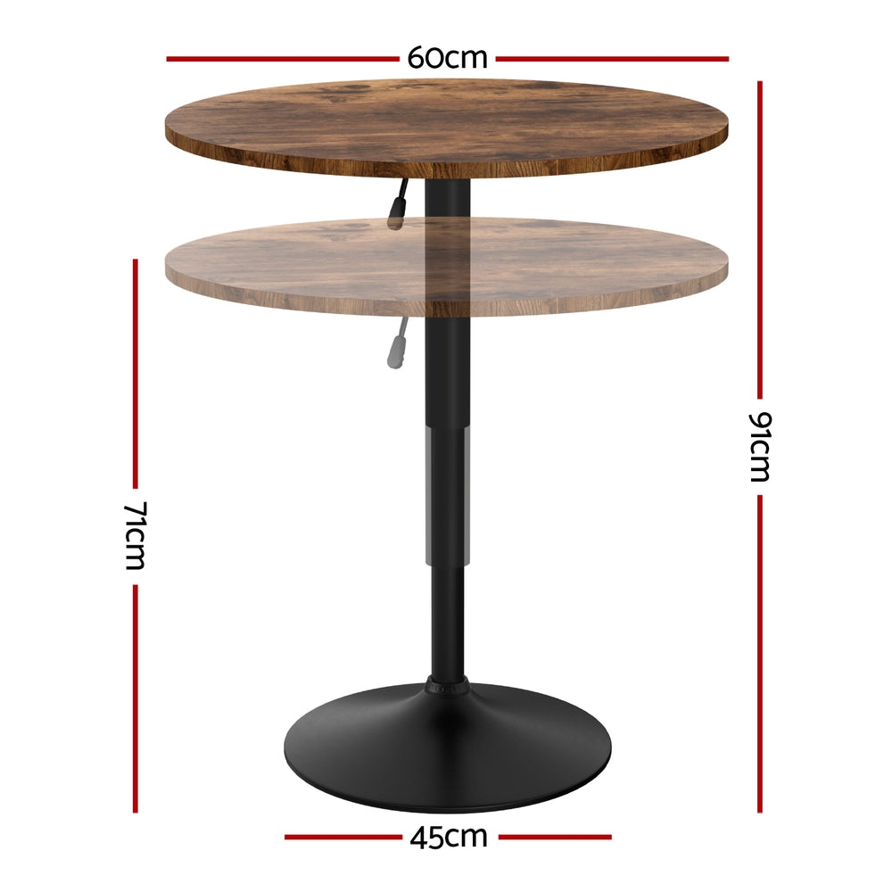Bar Table 60cm | Height Adjustable 360° Swivel | Rustic Brown & Black Base