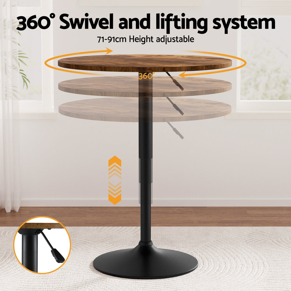 Bar Table 60cm | Height Adjustable 360° Swivel | Rustic Brown & Black Base