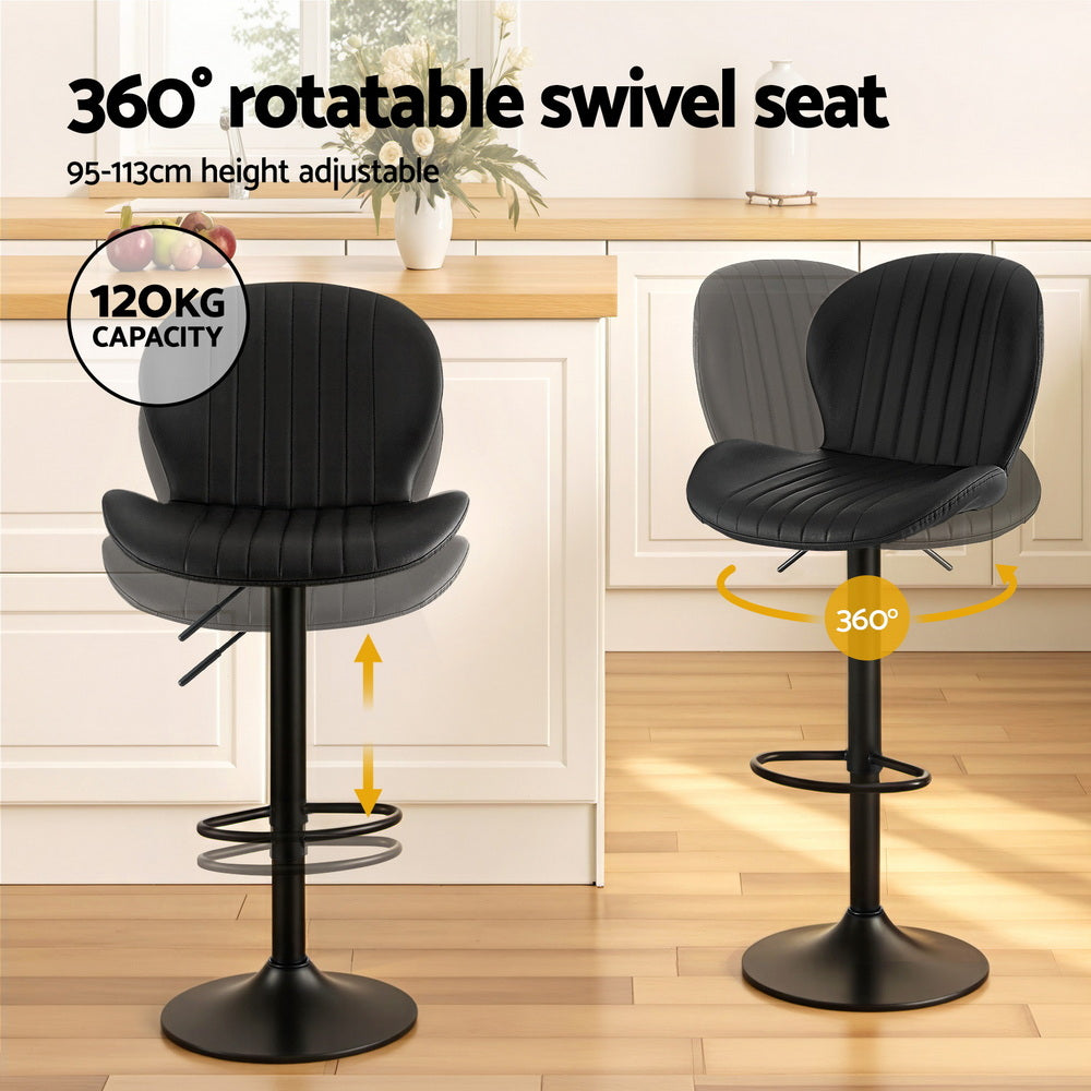 Swivel Bar Stools Set 2pc | Gas Lift | Shell Leather | Black