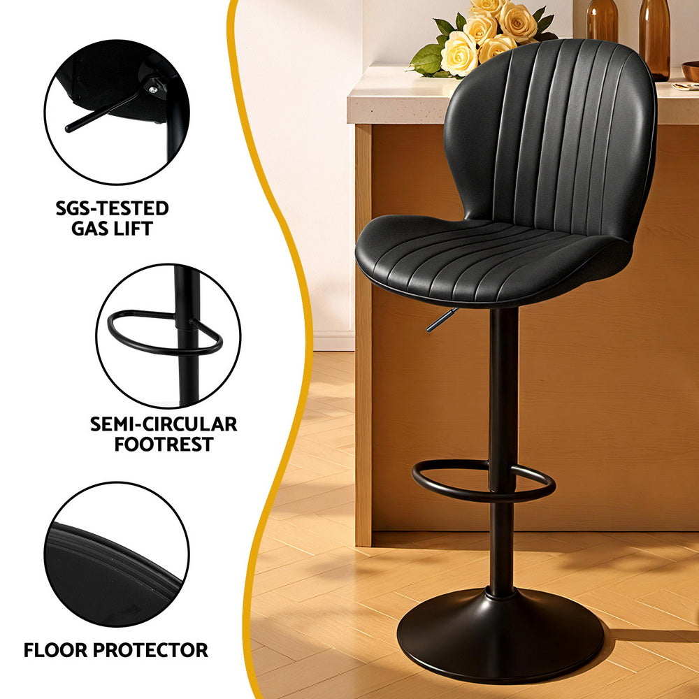 Swivel Bar Stools Set 2pc | Gas Lift | Shell Leather | Black