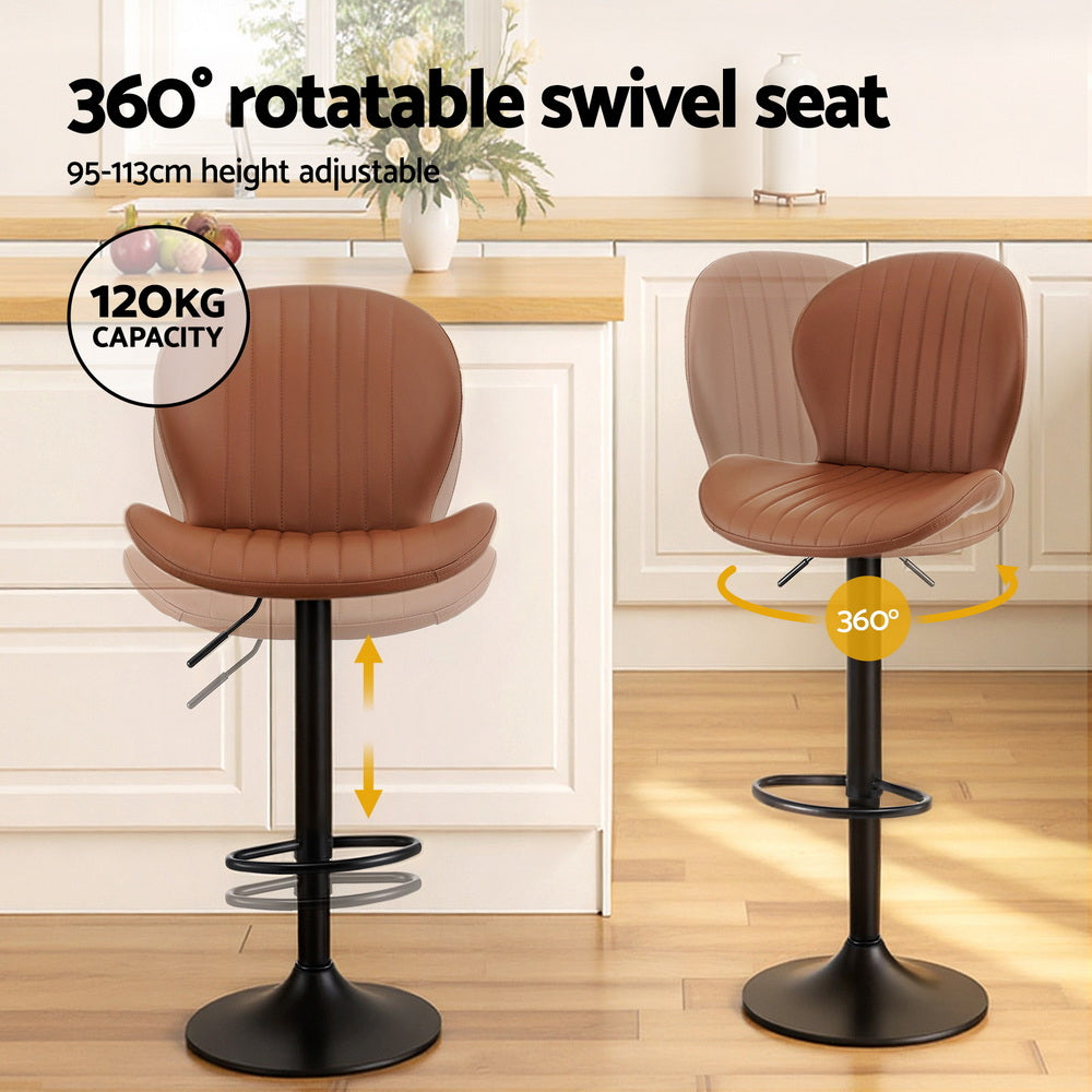 Swivel Bar Stools Set 2pc | Gas Lift | Shell Leather | Brown