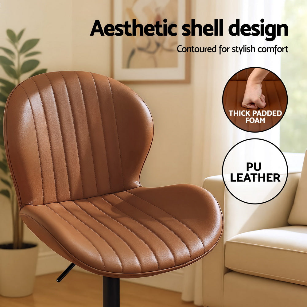 Swivel Bar Stools Set 2pc | Gas Lift | Shell Leather | Brown