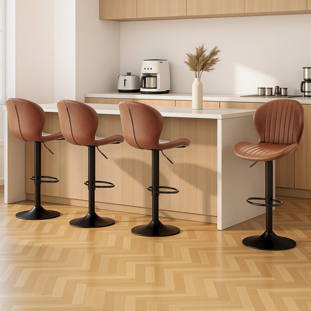 Height-Adjustable Bar Stools Set 4pc | Gas Lift | Shell Leather | Brown (Set B)