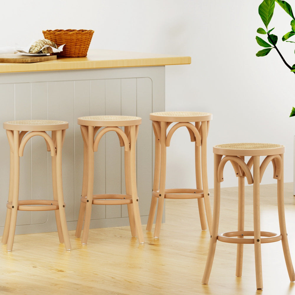 4x Bar Stools | Rattan Seat | Wooden Frame