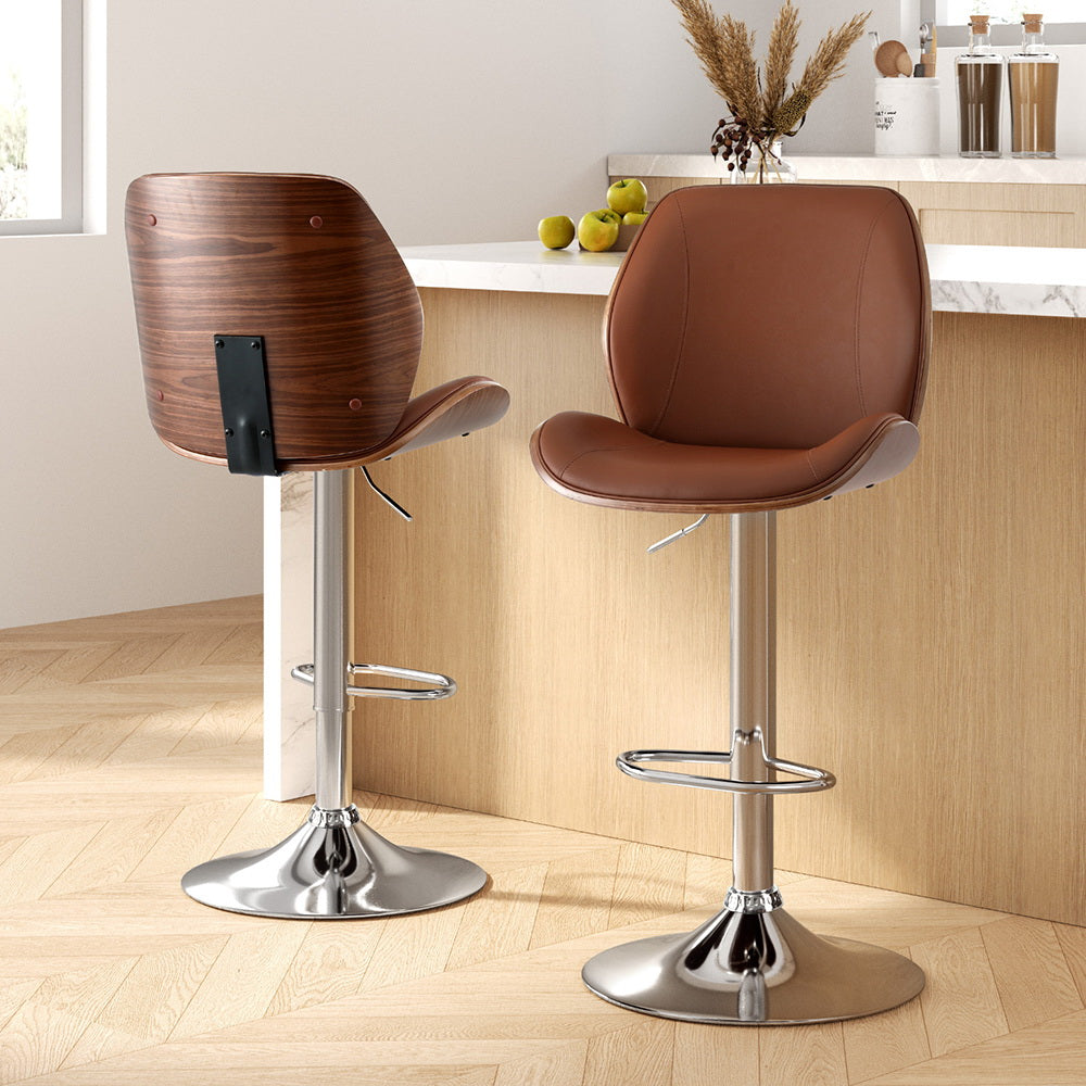 Bar Stools 2pc | Bentwood Adjustable Kitchen Counter Chairs | Leather Brown