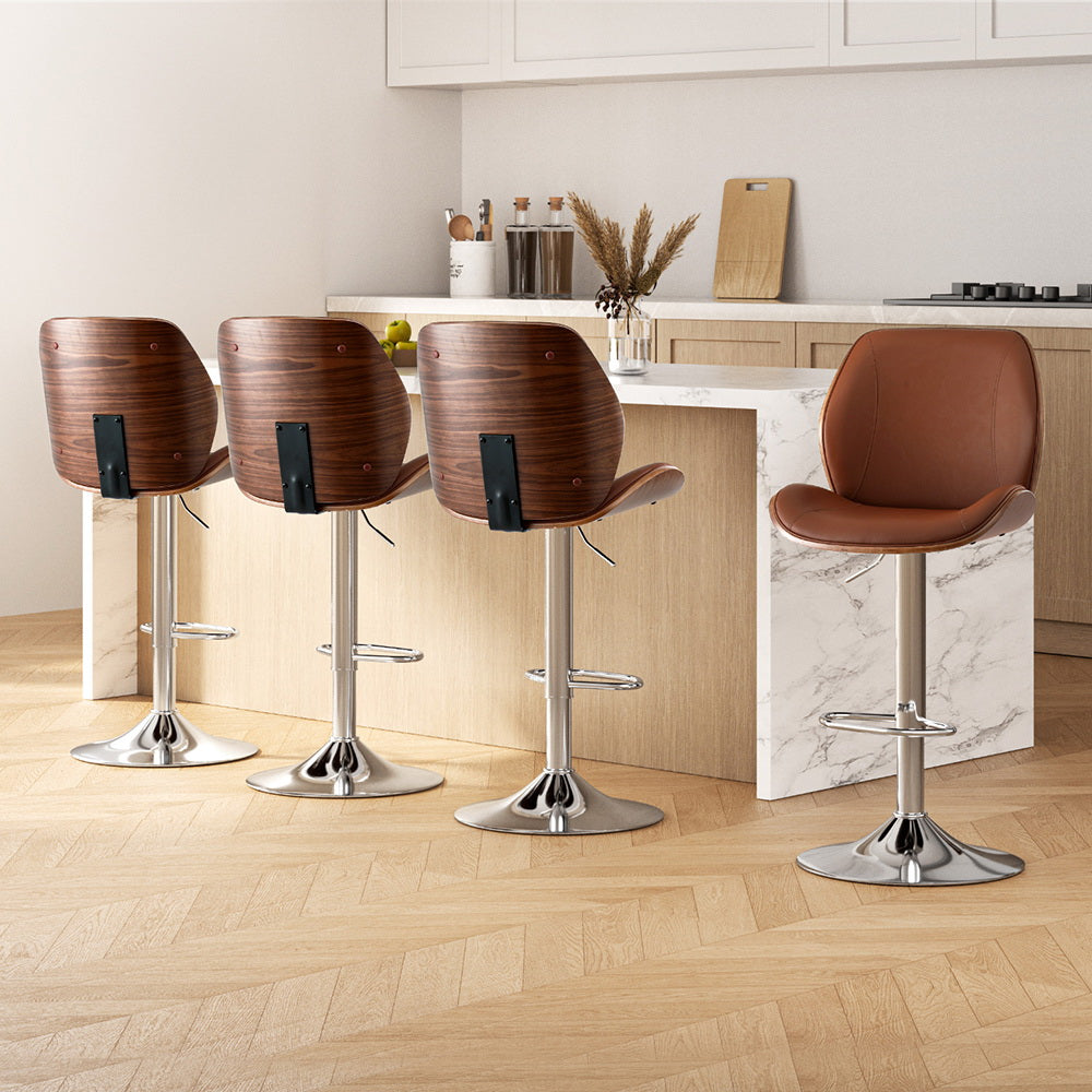 Bar Stools 4pc | Bentwood Adjustable Kitchen Counter Chairs | Leather Brown