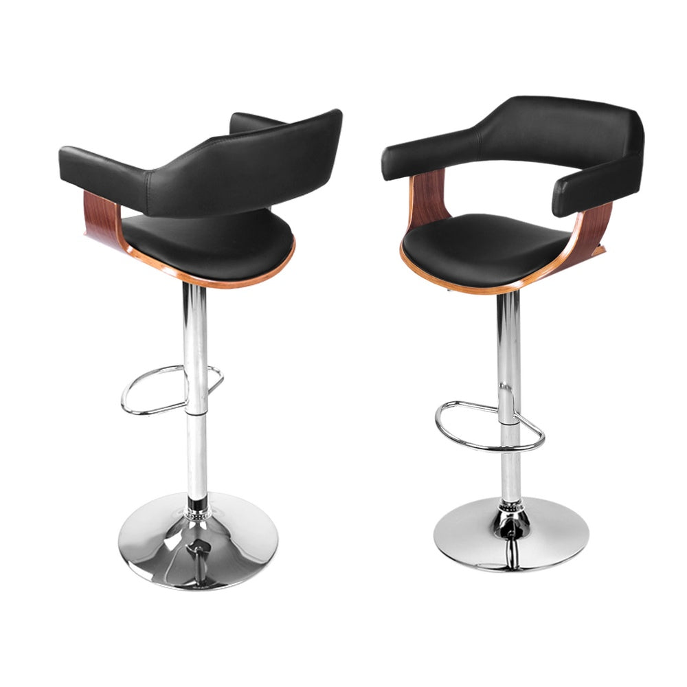 4x Bar Stools | Gas Lift | Leather w/Armrest | Black