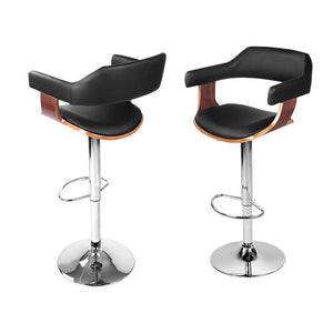 4x Bar Stools | Gas Lift | Leather w/Armrest | Black