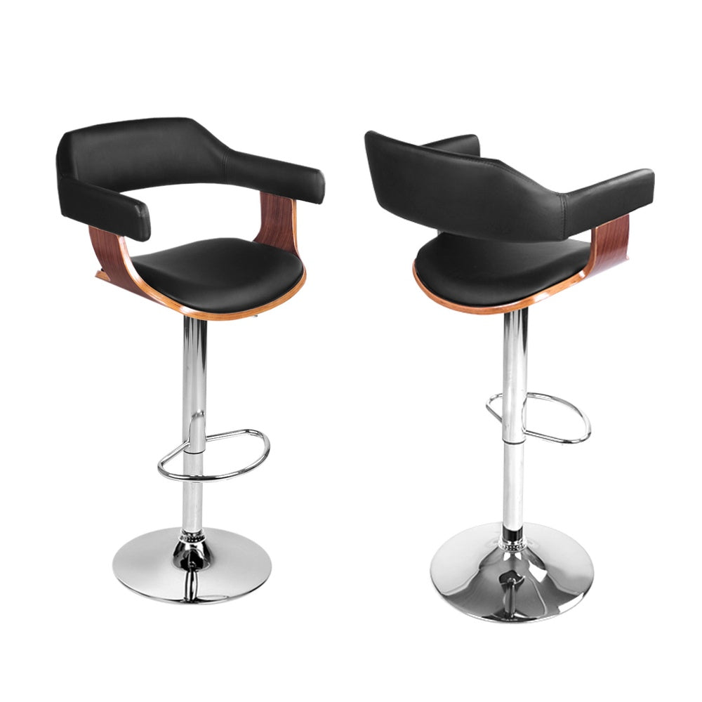 4x Bar Stools | Gas Lift | Leather w/Armrest | Black