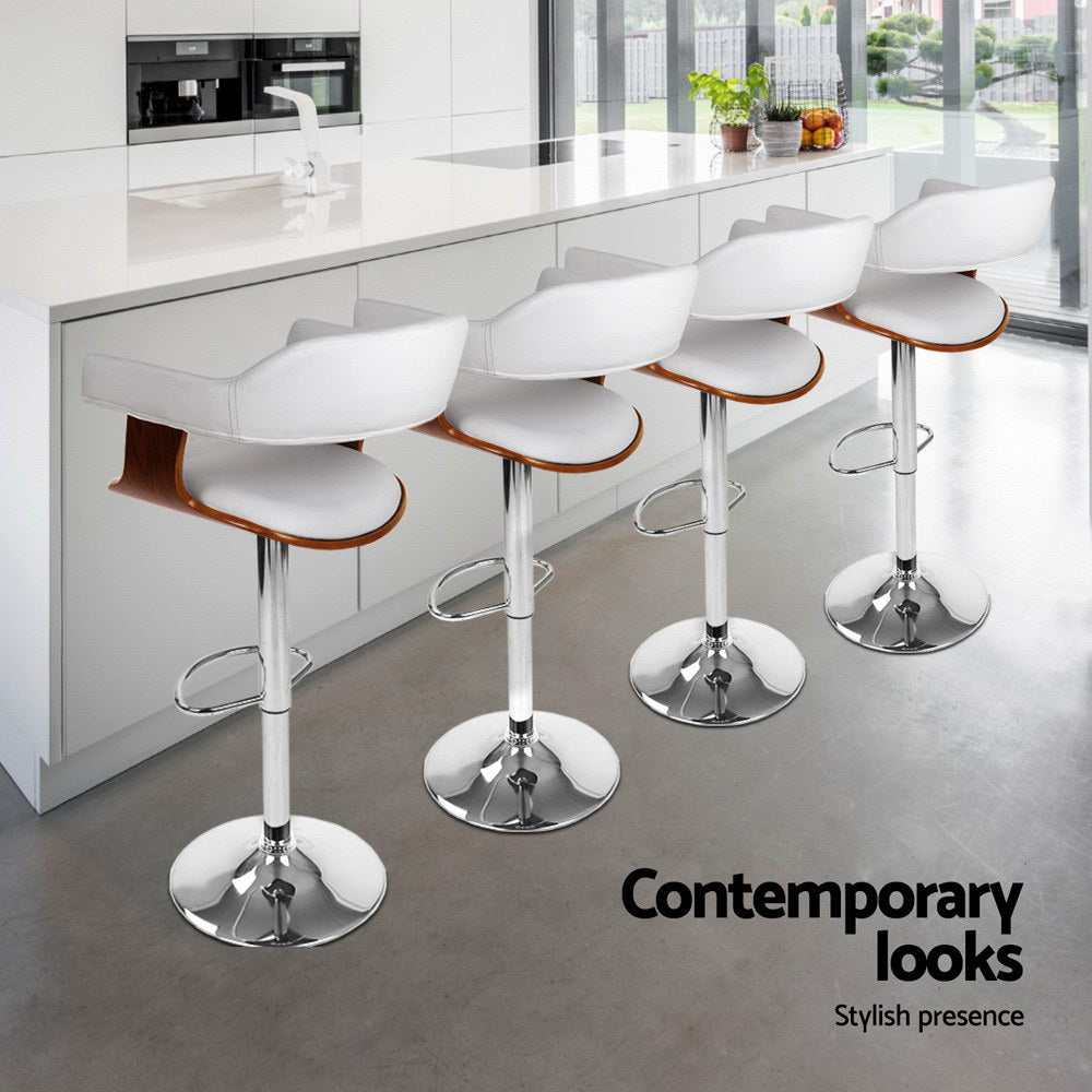 4x Bar Stools | Gas Lift | Leather with Armrest | White