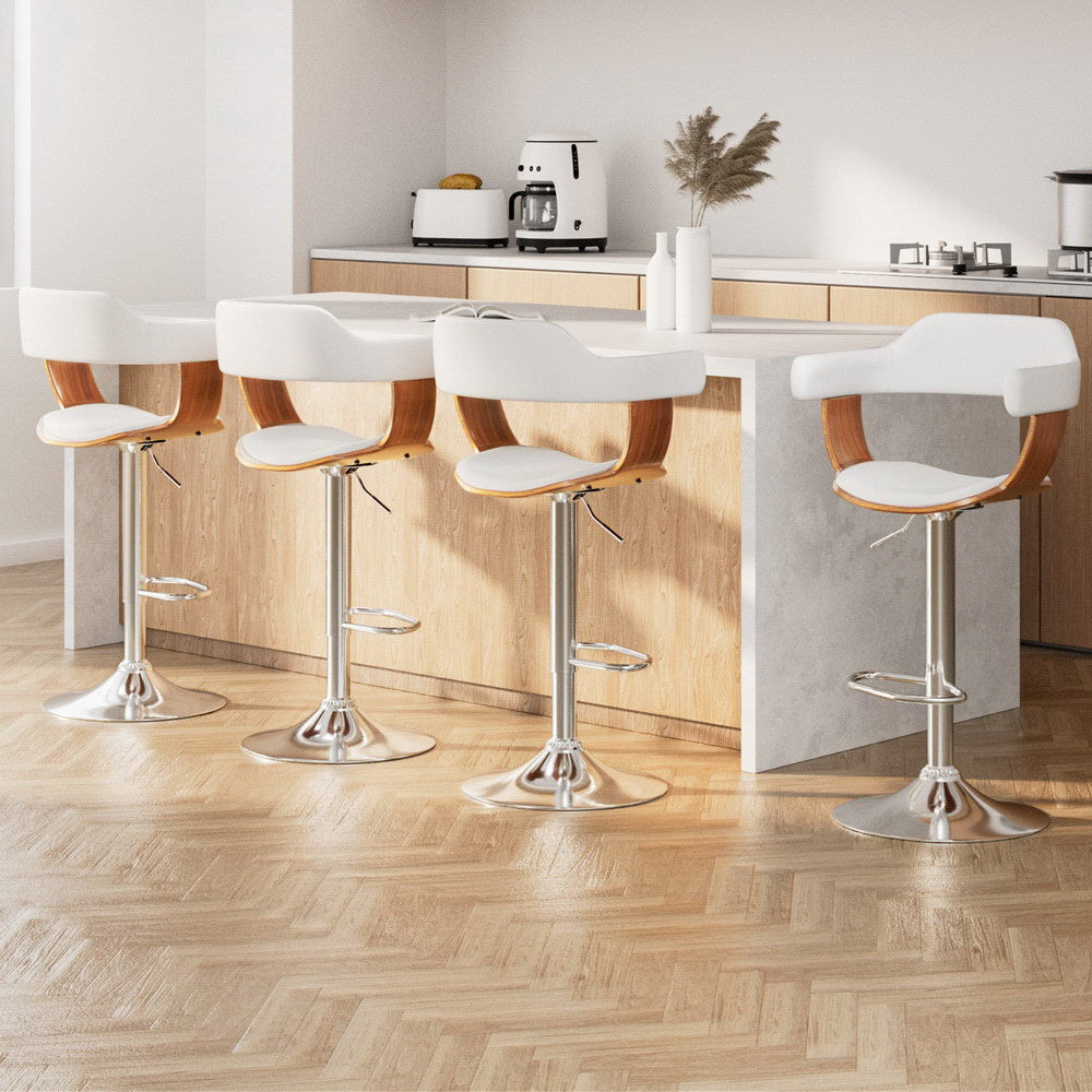 4x Bar Stools | Gas Lift | Leather with Armrest | White