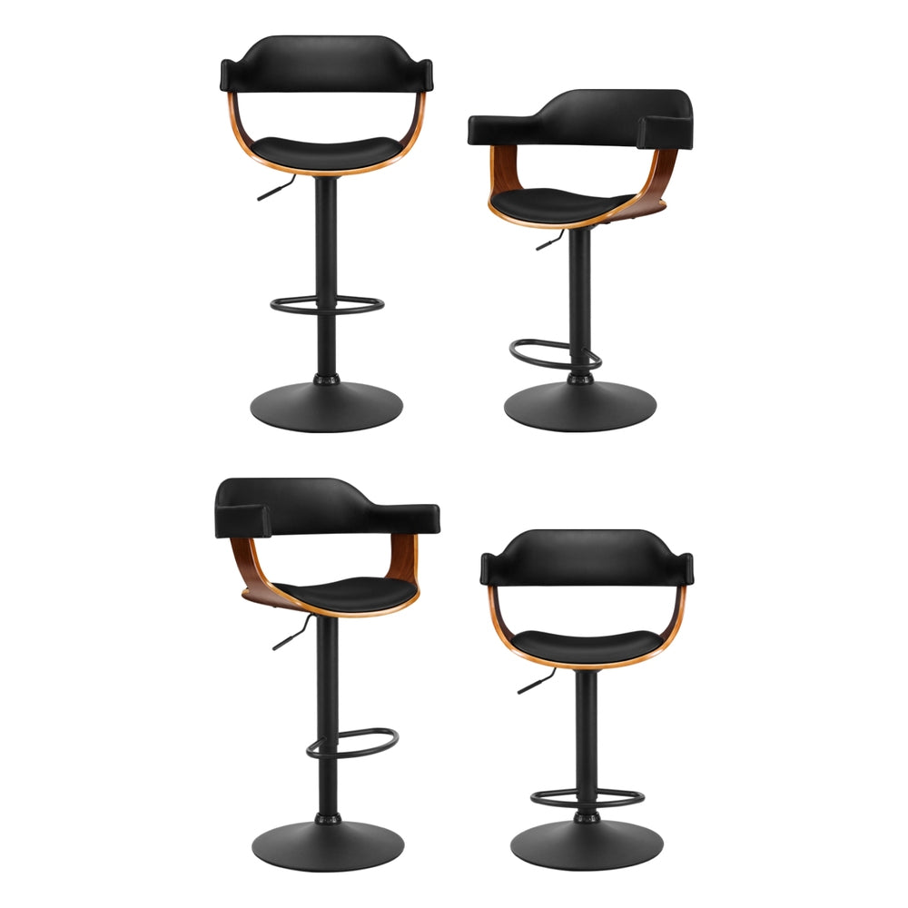 4x Bar Stools | Gas Lift | Leather w/Armrest | All Black