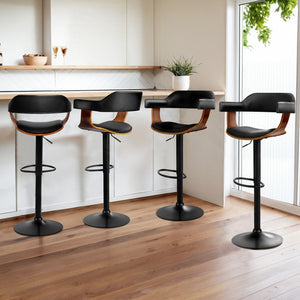 4x Bar Stools | Gas Lift | Leather w/Armrest | All Black
