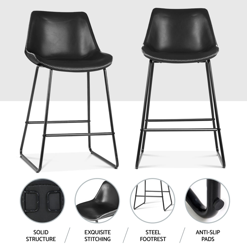 4x Bar Stools | Leather Padded | Metal Legs | Black