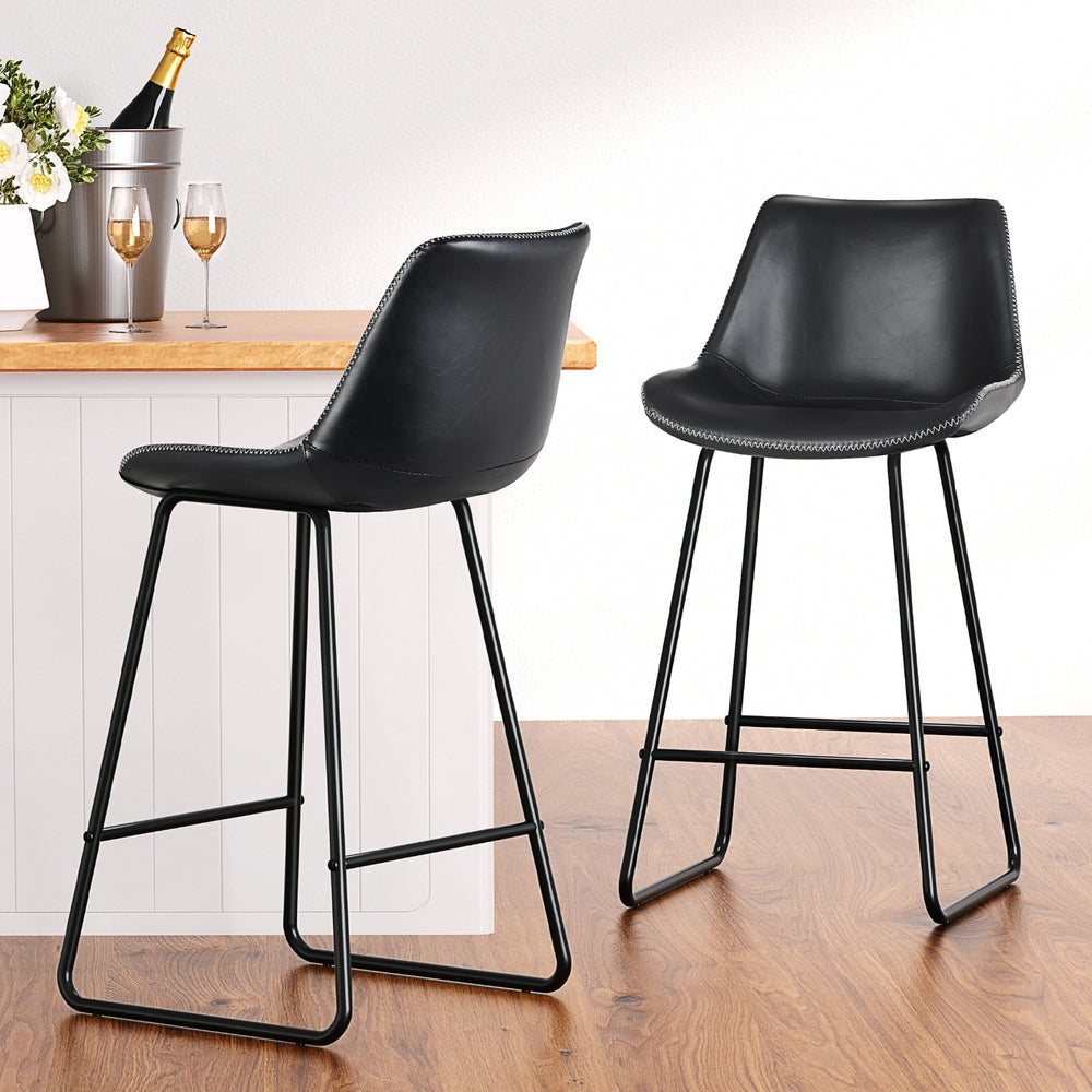 4x Bar Stools | Leather Padded | Metal Legs | Black