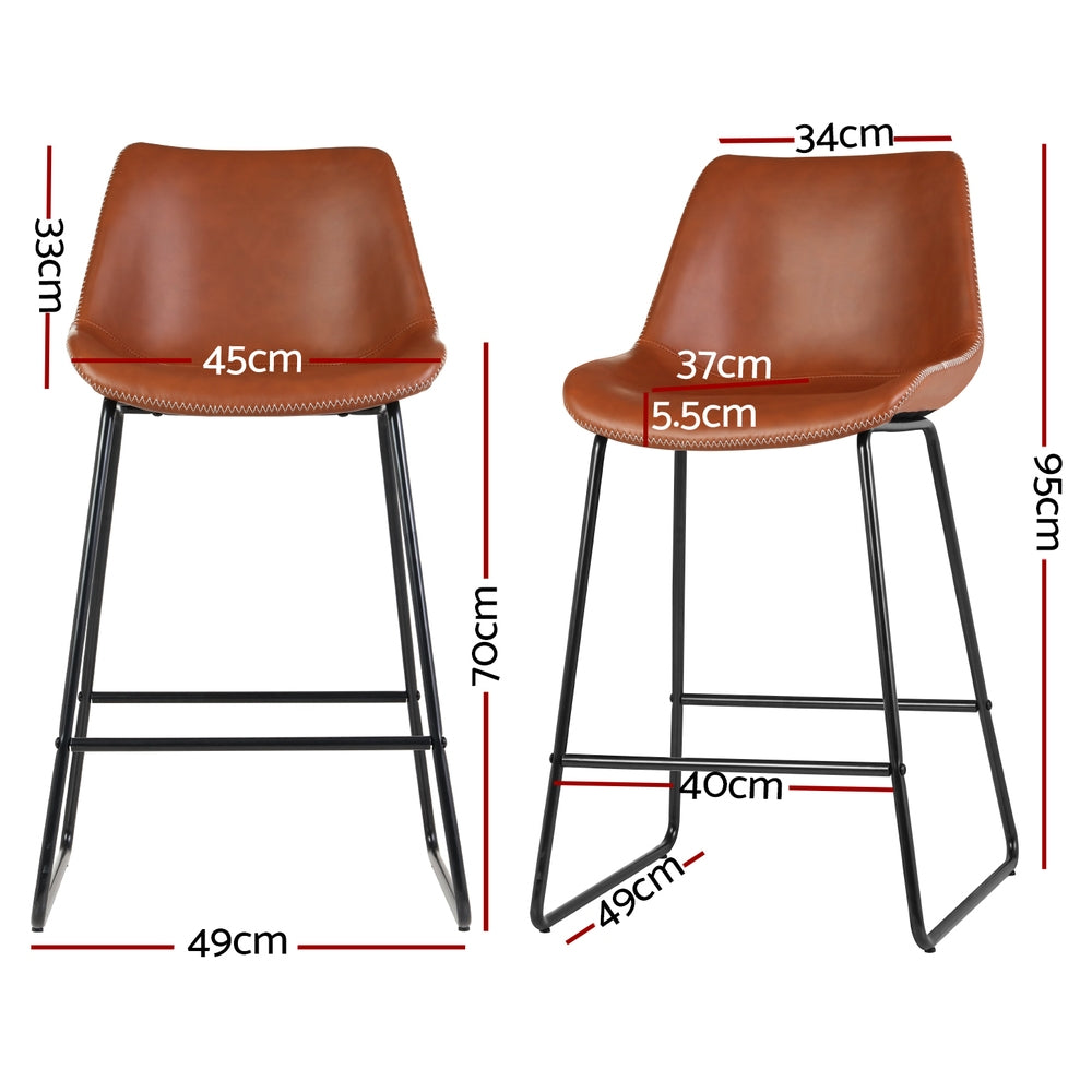 4x Bar Stools | Leather Padded | Metal Legs | Brown