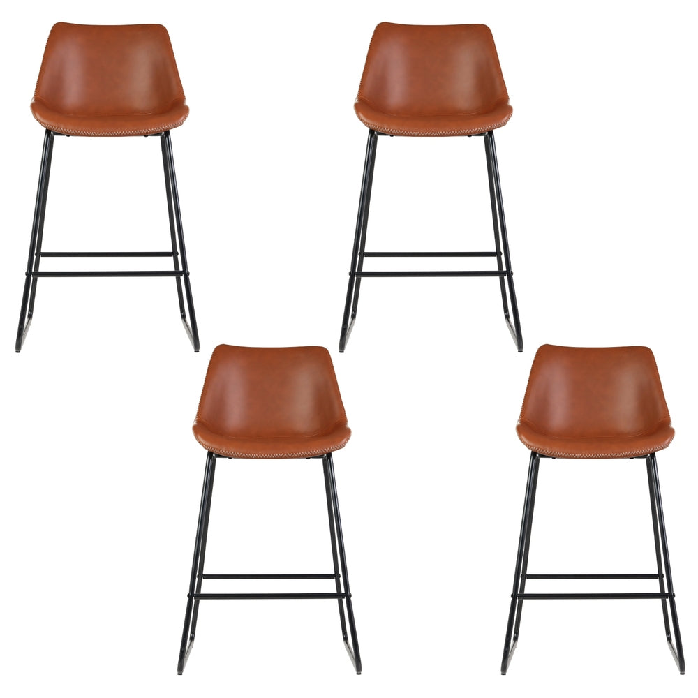 4x Bar Stools | Leather Padded | Metal Legs | Brown